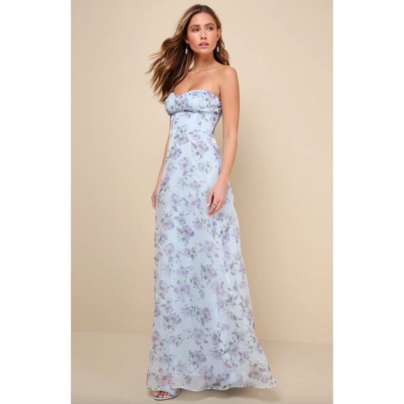 Lulus Chic Preciousness Light Blue Floral Organza Bustier Maxi Dress Medium NWT - Picture 3 of 12